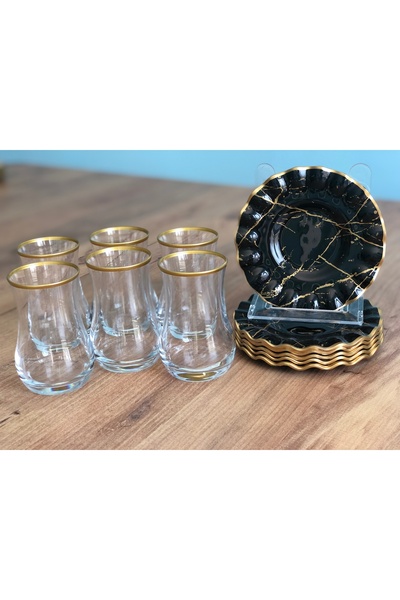 B&M Siyah Mermer Desenli Kıvrımlı 6 Kişilik Çay Seti 12 Parça