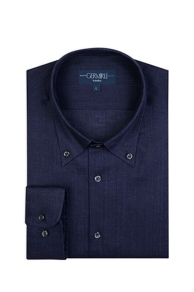 Germirli Navy Blue Thomas Mason Non Iron Button Collar Tailor Fit Linen Shirt