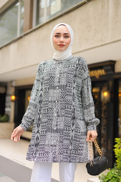 fh fashionhere Women's Ethnic Pattern Buttoned Hijab Black Shirt