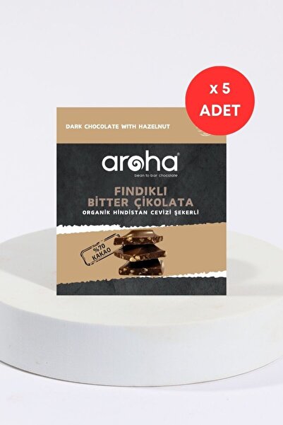 AROHA %70 Kakao Fındıklı Bitter Çikolata Organik Hindistan Cevizi Şekerli 40 Gr. X 5 Adet