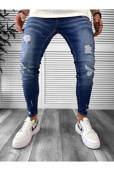 dehaine Blugi lungi, pentru barbati, slim fit, cu aspect decolorat si rupturi, 6123, albastru