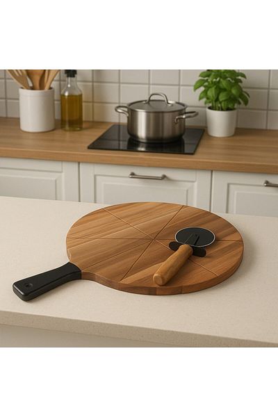 Gift Design Pizza Cutting and Serving Set – Wooden Board with Guide and Rotary Knife Included