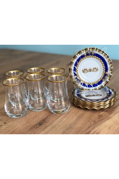 B&M Taç Desenli Kıvrımlı 6 Kişilik Çay Seti 12 Parça