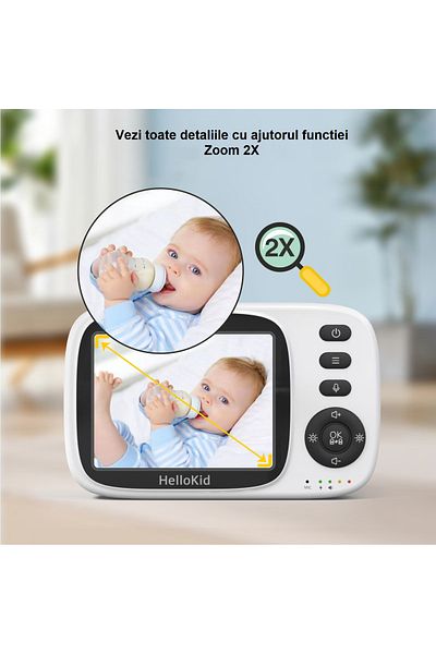 Smart Vibe Baby Monitor Wifi Hellokid™ Opti Neo 3.2” Night Vision, Sunet/temperatura, Zoom, Mod Eco, Cantece