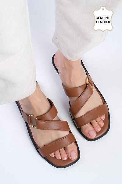 Mio Gusto Tan Colored Genuine Leather - Blunt Toe Women's Flat Slippers