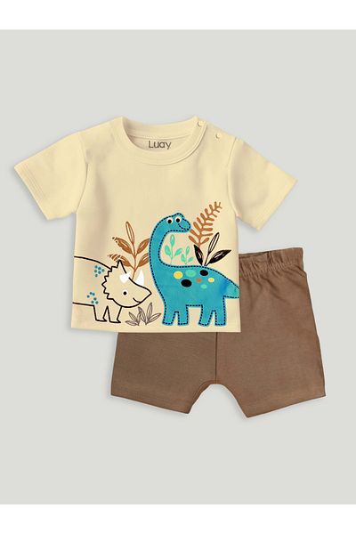 luay Unisex Cotton Red & Beige T-Shirt Set: Bright and Comfortable Kids Casual Wear (PO2) 6-9 M