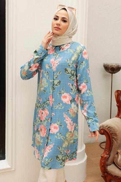 Neva Style تونيك حجاب أزرق منقوش 11541م