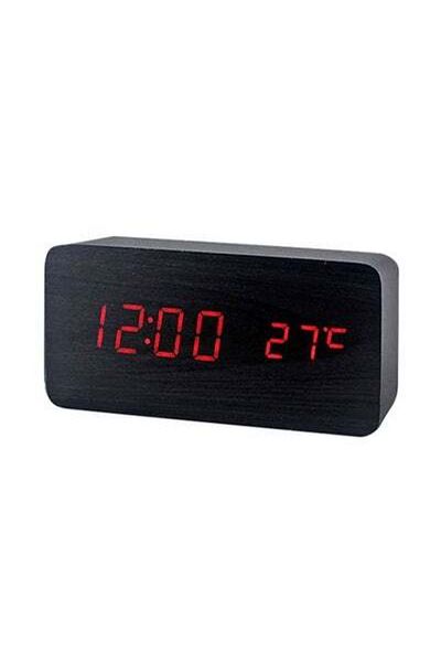 HALAMODO LED Wood Grain Alarm Clock With Temperature Display Black 15cm