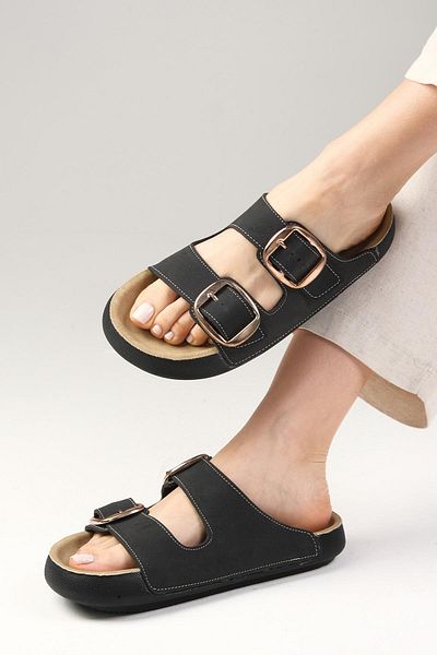 Mio Gusto Black Celia Double Striped Women's Slippers