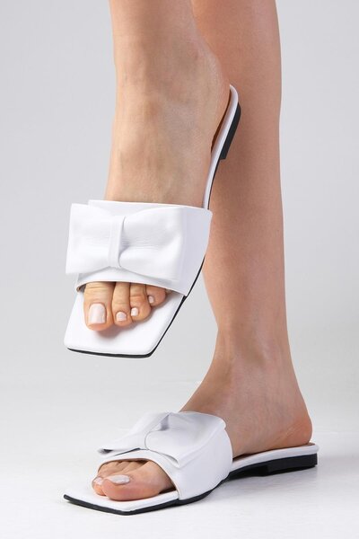 Mio Gusto Γυναικείες flat παντόφλες χωρίς τακούνι Cristina από Γνήσιο Δερμάτινο Λευκό