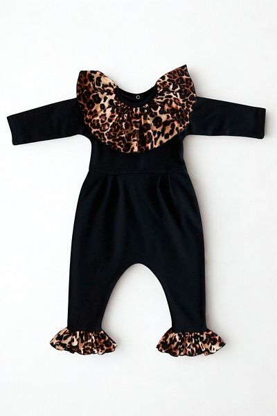 Parla Kids Baby Girl Dark Leopard Collared Jumpsuit with Snap Detail