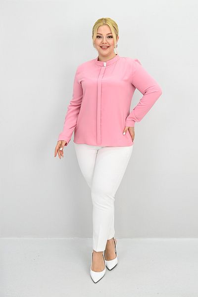 Koza Butik Women's Plus Size Judge Collar Stone Brooch Detailed Blouse 0034-25