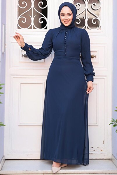 Neva Style Button Detail Navy Blue Hijab Dress 2703L