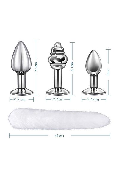 WildFashion Set 3 dopuri anale cu diferite forme si marimi, din metal inoxidabil cu coada de vulpe, Roz TOY393-5