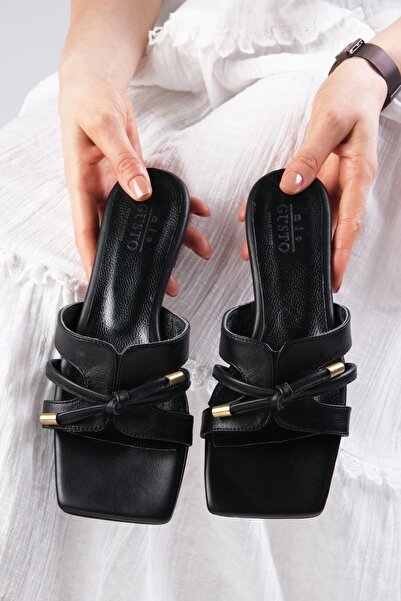 Mio Gusto Papuci negri din piele naturală Pula pentru femei fără toc