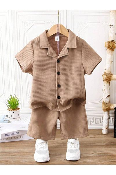 Bubito V-Neck Shirt Detailed Cotton Waffle Shorts Set-Beige