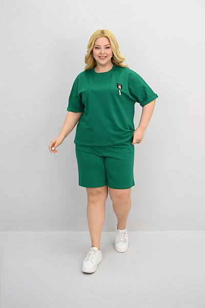 Koza Butik طقم شورت نسائي مقاس كبير بأكمام قصيرة ومزين بتفاصيل إكسسوارات 8186-25