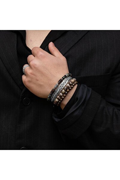 OSMANLI DOĞAL TAŞ Hint Akik-Bronzit-Meksika Jasper-Hematit Doğal Taş Telkari Gümüş Bileklik Yüzük Seti