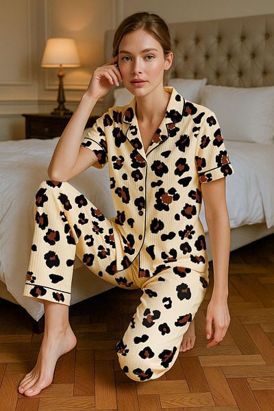 BELLA NOTTE Leopard Printed Buttoned Summer Pajama Set