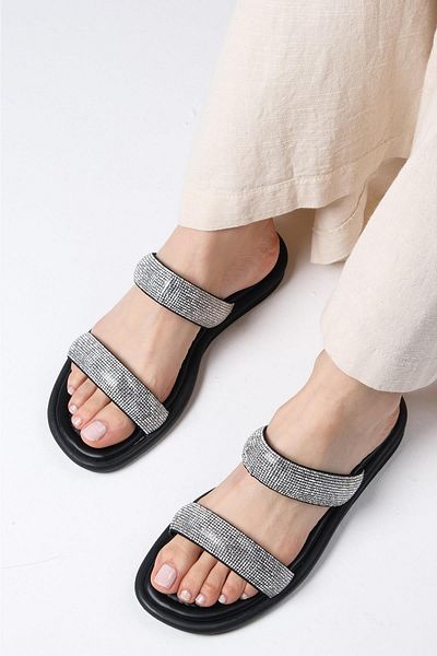 Mio Gusto Regina Black Color Double Banded Stone Women's Flat Slippers