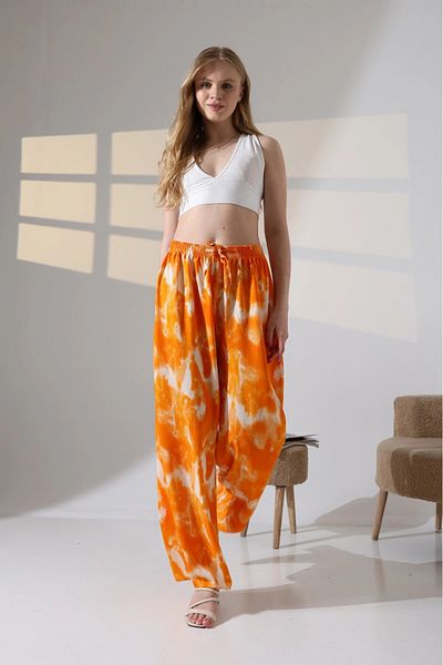 hazelin Women's Orange Patterned Elastic Waist Pocketless Loose Cut Viscose Trousers Hzl25S-Dsb17771