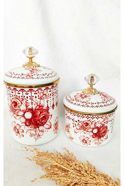 EBRULİEMAYE Red Drop Rose Enamel Double Jar Set 15 cm and 9 cm Tea Sugar Coffee Jar Sugar Bowl