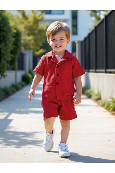 Bubito V-Neck Shirt Detailed Cotton Waffle Shorts Set-Red