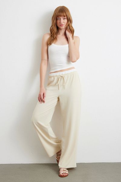 Never more Waist Banded Wide Leg Trousers Cream
