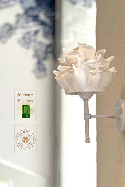 Maison Avf Beyaz Eva Gül Tasarım Kablosuz Pilli Aplik - Alt Beyaz (Tüm Boy 35 cm)