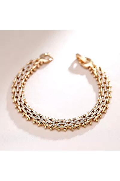 Lunays Xopıng Zirkon Taşlı Örgü Model Kadın Bileklik Renk 14 Ayar Altın