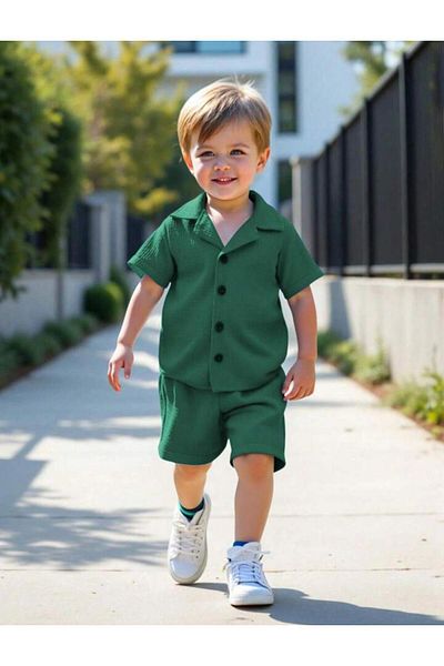 Bubito V-Neck Shirt Detailed Cotton Waffle Shorts Set-Khaki