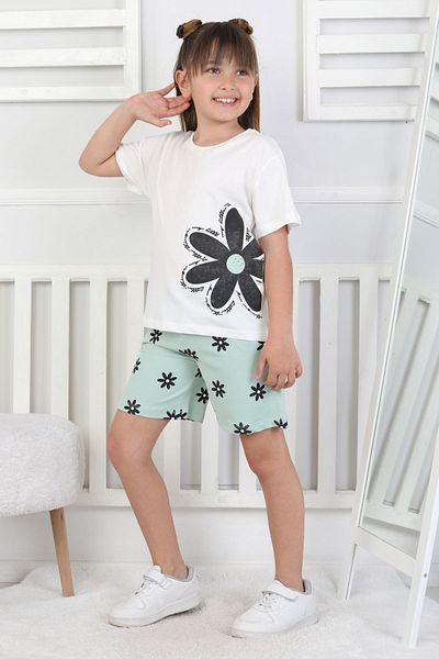 ZUZUNGA Daisy Printed Short Sleeve Pocket Girl Shorts Set