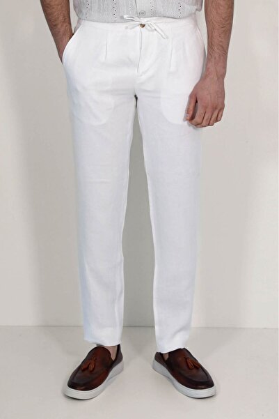 Velvarde بنطلون رياضي من الكتان + سروال مطاطي برباط. أبيض