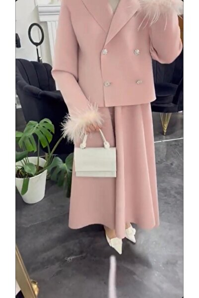 Uçan Fil Pembe Tasarım Ceket Etek Rose İkili Tesettür Takım