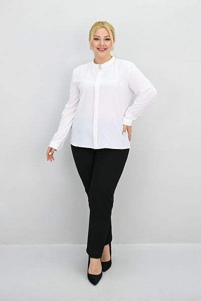 Koza Butik Women's Plus Size Judge Collar Stone Brooch Detailed Blouse 0034-25