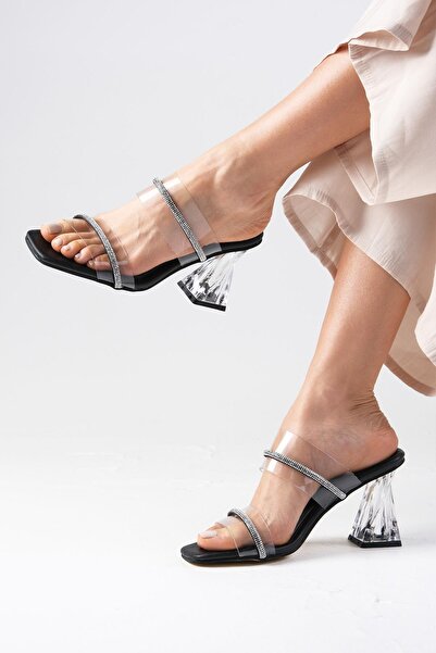 Mio Gusto Latoya Czarne, przezroczyste, damskie kapcie na obcasie w kolorze czarnym