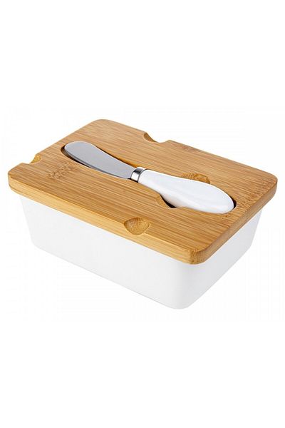 FLORINA Adria butter dish, white porcelain, bamboo lid, butter knife included, 15.5 x 11 x 6 cm