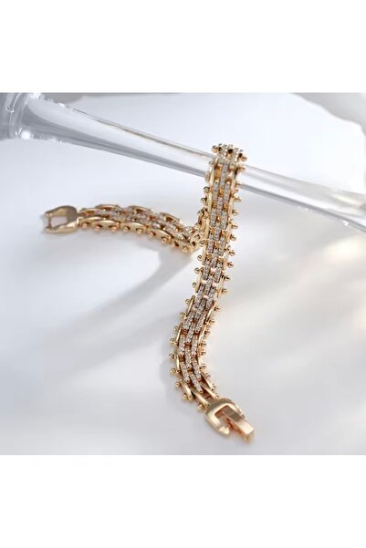 Lunays Xopıng Zirkon Taşlı Örgü Model Kadın Bileklik Renk 14 Ayar Altın