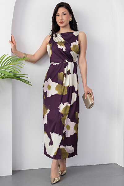 PULLIMM Kare Yaka Beli Büzgülü Yırtmaçlı Elbise YZC25Y223