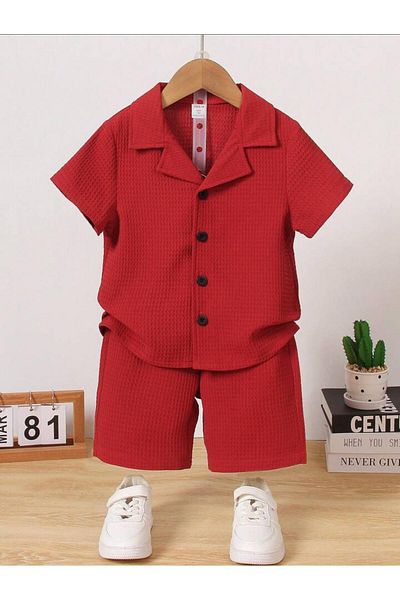 Bubito V-Neck Shirt Detailed Cotton Waffle Shorts Set-Red