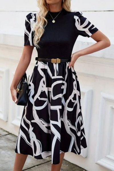 Mossta Short Sleeve Patterned Midi Dress - Black