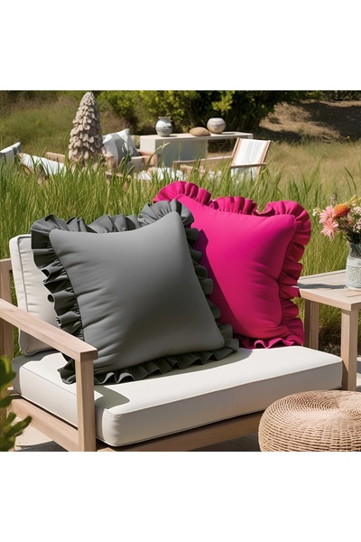 Bc Home 2-Piece Fuchsia - Gray Country Ruffled Square Throw Pillow Cover Vint...
