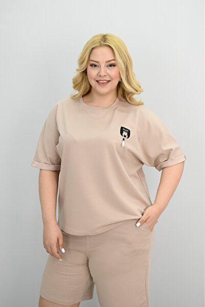 Koza Butik Women's Plus Size Short Sleeve Accessory Detailed Shorts Set 8186-25