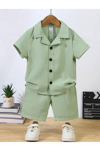 Bubito V-Neck Shirt Detailed Cotton Waffle Shorts Set-Green