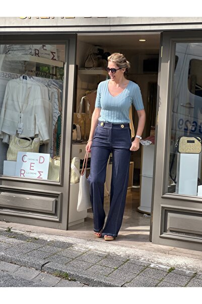 Creme De La Creme Pamuk V yaka Triko Pastel Mavi