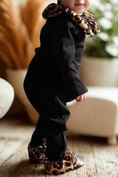 Parla Kids Baby Girl Dark Leopard Collared Jumpsuit with Snap Detail