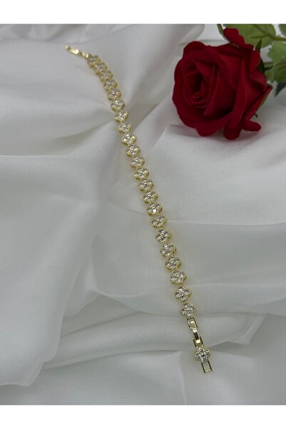 Lunays Xopıng Zirkon Taşlı Yonca Model Kadın Bileklik Renk 14 Ayar Altın