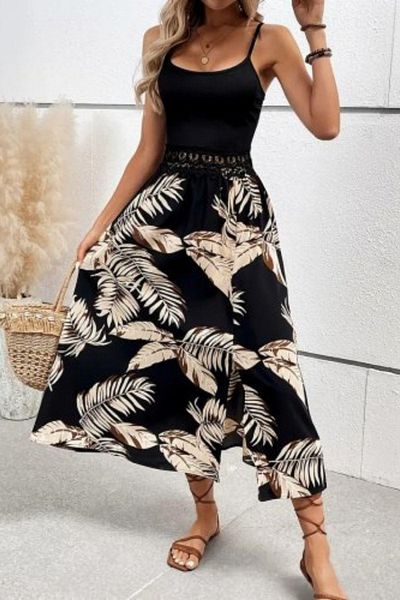 Mossta Casual Dress with Waist Detail and Leaf Pattern - Black