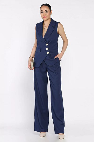 GÜLSELİ Navy Blue Double Breasted Collar Lined Vest Trousers Double Suit