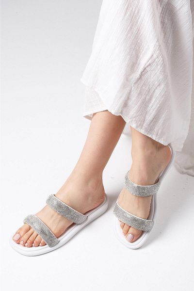 Mio Gusto Regina White Color Double Banded Stone Women's Flat Slippers